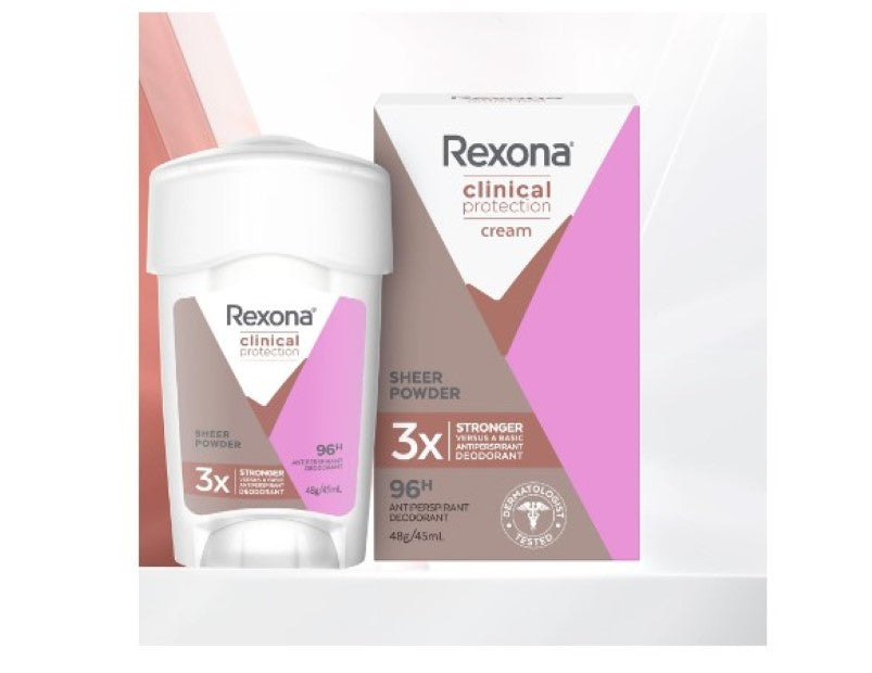 Rexona Women Clinical Antiperspirant Cream Stick Deodorant Sheer Powder, 45ml, 96 Hour Protection