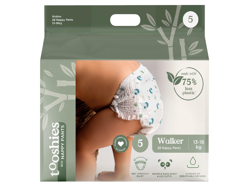 Tooshies ECO Nappy Pants | Size 5 Walker (13-18kg) | 4 x 28pk | Wombat Print