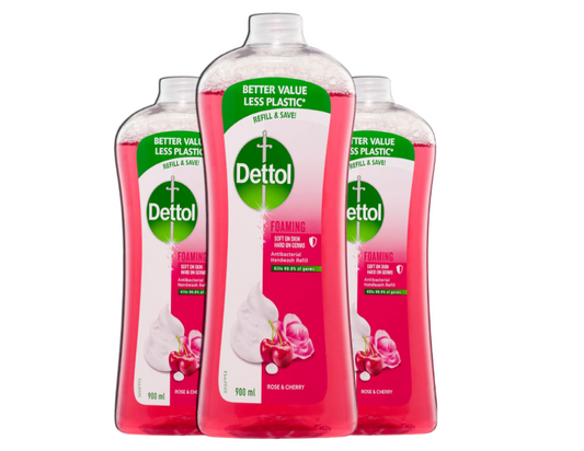 Dettol Antibacterial Foam Hand Wash Rose & Cherry Refill, 900ml - 3 Pack