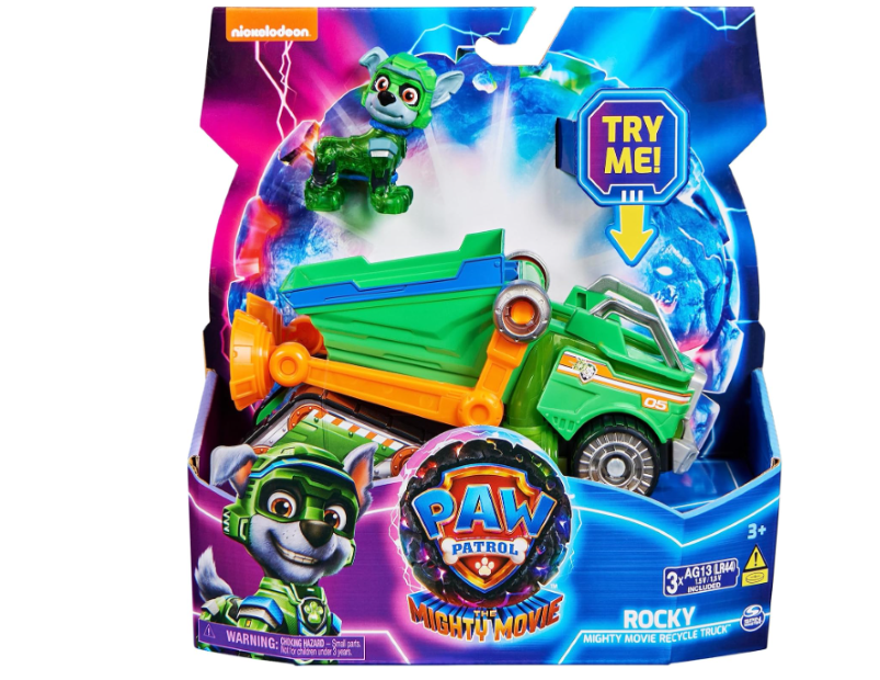 PAW Patrol: The Mighty Movie, Toy Garbage Truck Recycler with Rocky Mighty Pups Action Figure, Lights and Sounds, Kids Toys for Boys & Girls 3+