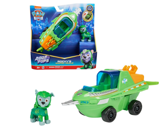 PAW Patrol Aqua Pups Rocky Transforming Sawfish Vehicle with Collectible Action Figure, Kids Toys for Ages 3 and up