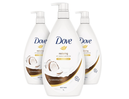 Dove Restoring Coconut & Almond Oils Body Wash 1L -  3 Pack