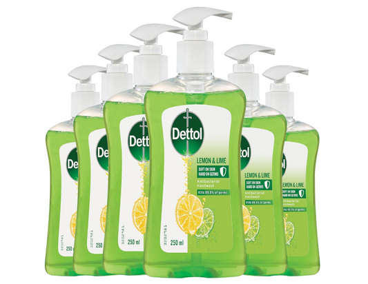 Dettol Liquid Hand Wash Refreshing Lemon Lime Anti-Bacterial Pump, 250ml - 6 Pack