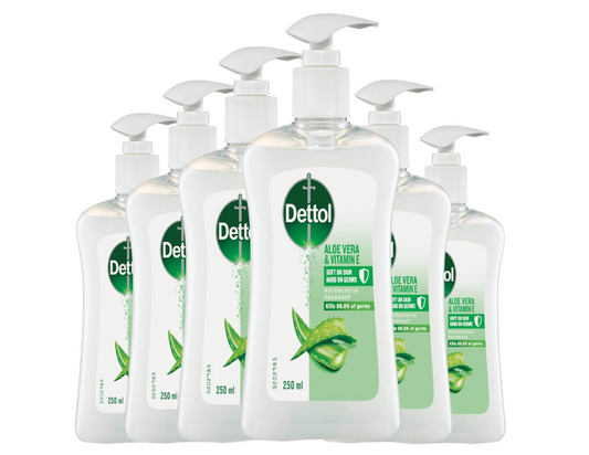 Dettol Liquid Hand Wash Aloe Vera Pump Anti-Bacterial, 250ml - 6 Pack