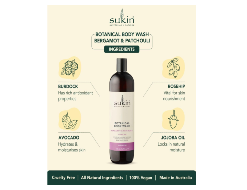 Sukin Botanical Body Wash, Bergamot & Patchouli, 500ml