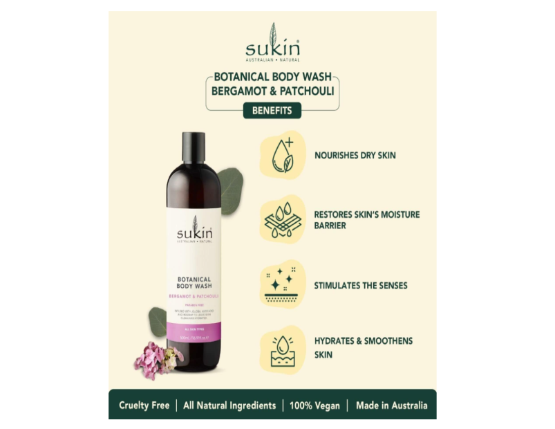 Sukin Botanical Body Wash, Bergamot & Patchouli, 500ml