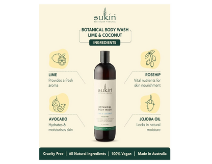 Sukin Botanical Body Wash, Lime & Coconut, 500ml