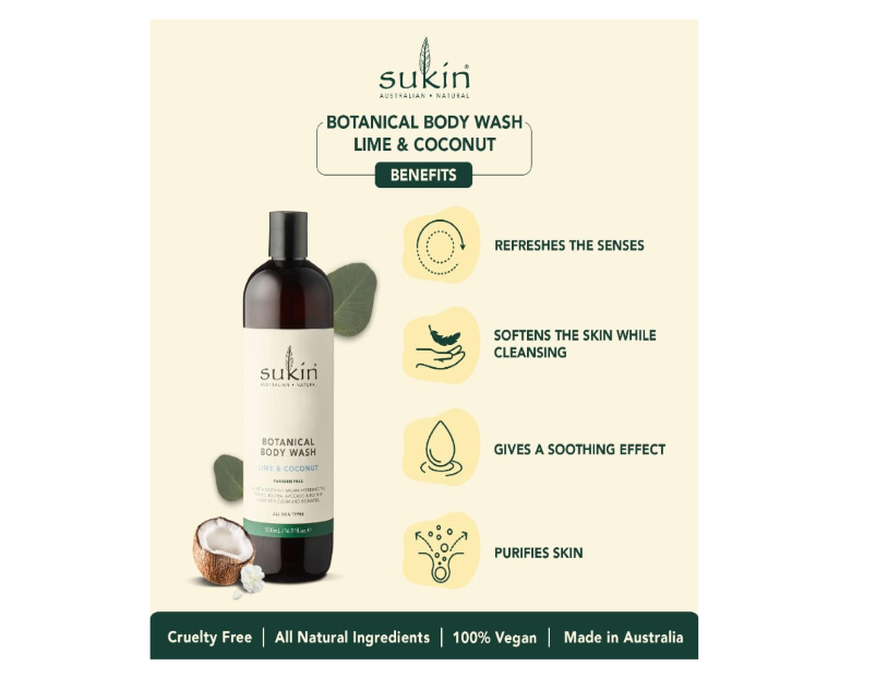 Sukin Botanical Body Wash, Lime & Coconut, 500ml