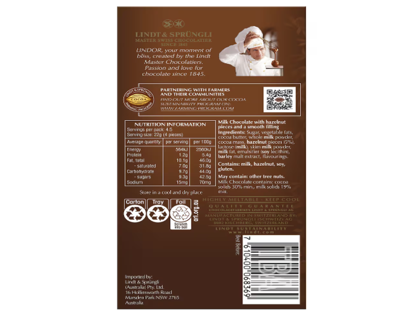 Lindt Lindor Hazelnut Milk Chocolate Block 100g - 2 Pack