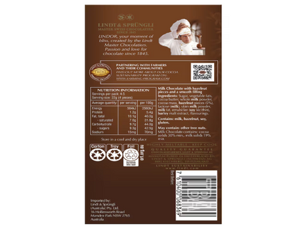 Lindt Lindor Hazelnut Milk Chocolate Block 100g - 2 Pack