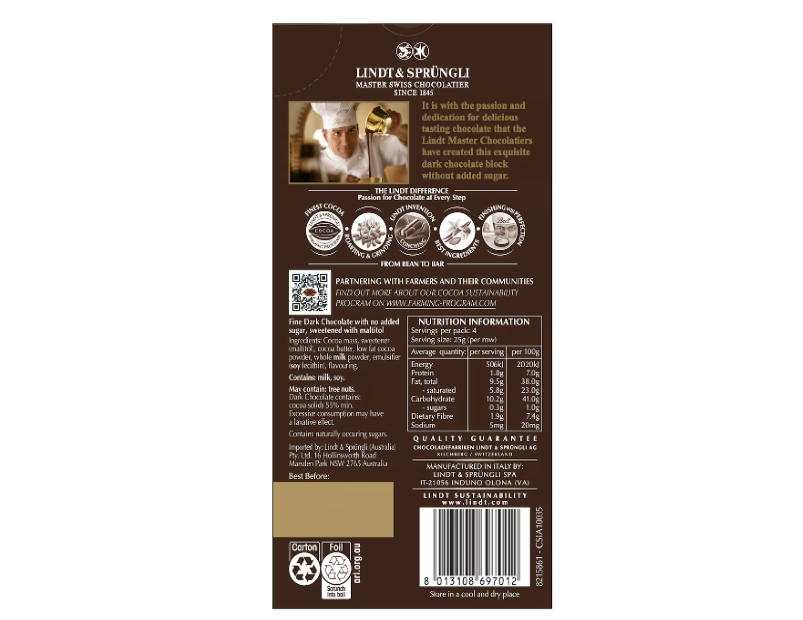 Lindt No Sugar Added Dark Chocolate Block 100g - 2 Pack