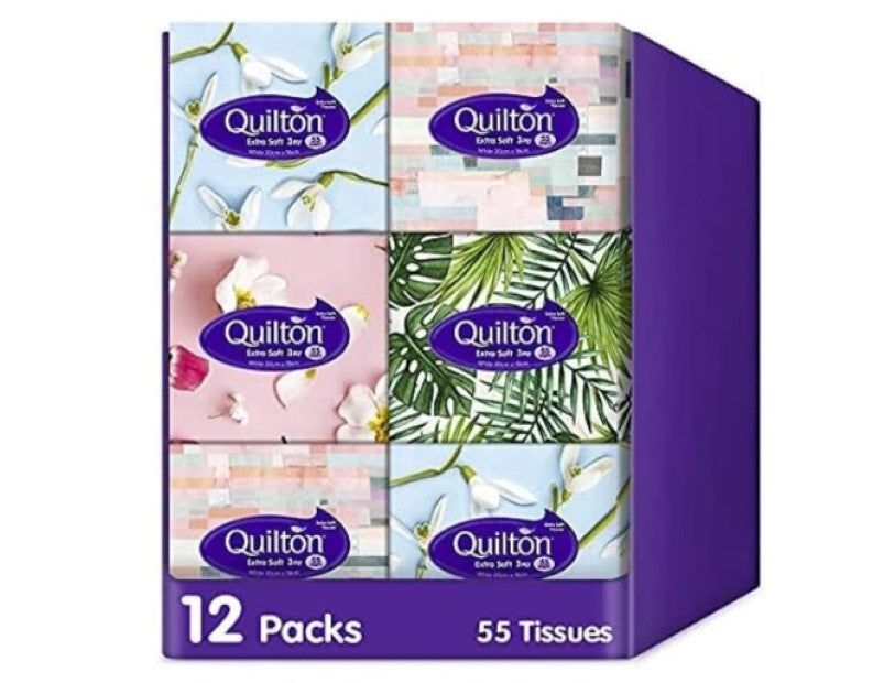 Quilton Extra Soft 3 Ply 55 Tissues Cubic Box Pack, 12 packs