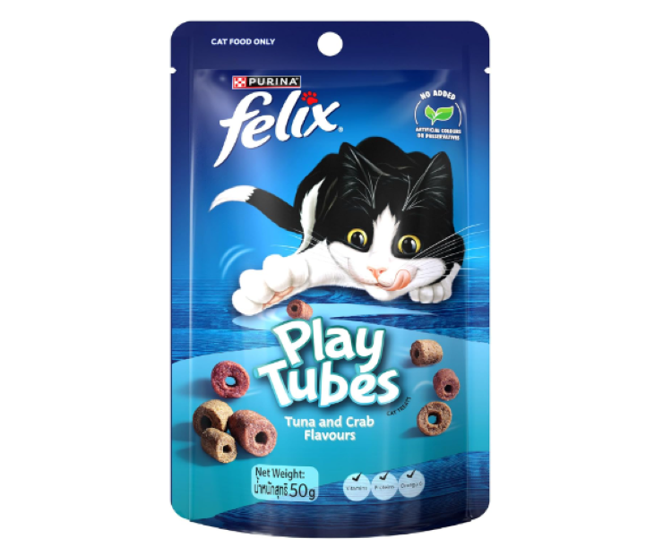 FELIX | Adult Cat Treats Tuna & Crab Play Tubes, 8x50g