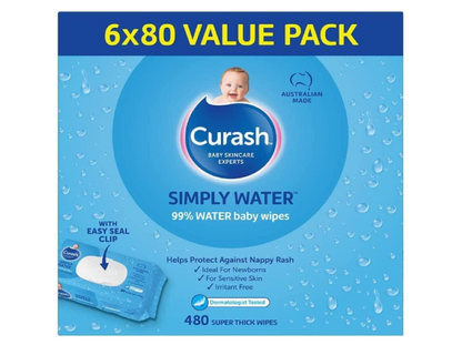 Curash | Simply Water Baby Wipes (6 x 80) Value Pack - 480 wipes