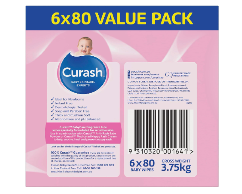 Curash | Fragrance Free Baby Wipes (6 x 80) Value Pack - 480 wipes