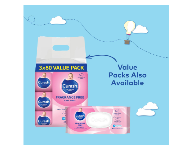 Curash | Fragrance Free Baby Wipes (6 x 80) Value Pack - 480 wipes