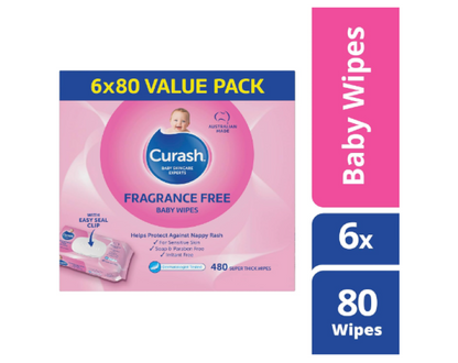 Curash | Fragrance Free Baby Wipes (6 x 80) Value Pack - 480 wipes