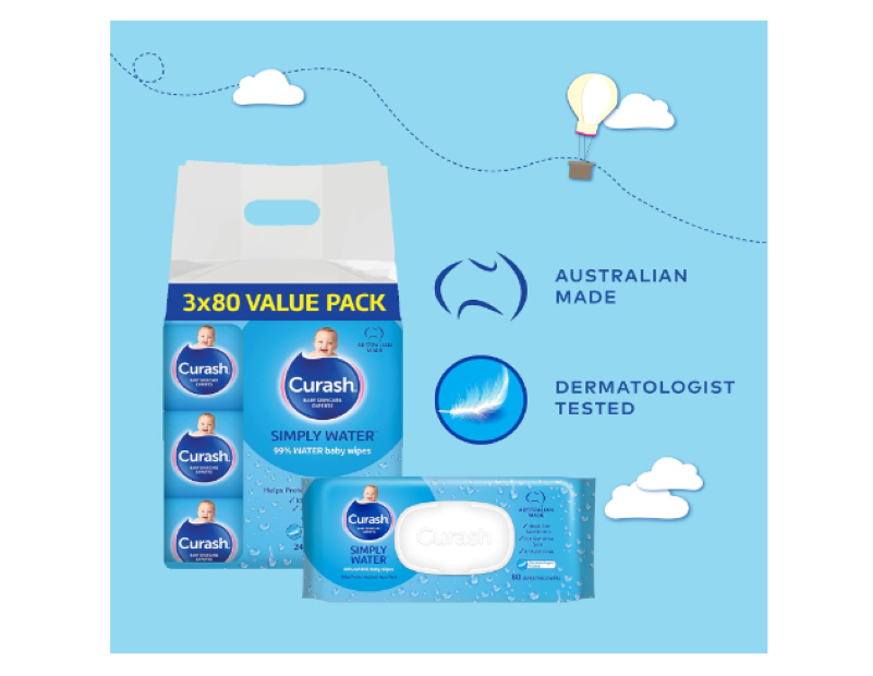 Curash | Simply Water Baby Wipes (3 x 80) Value Pack - 240 wipes