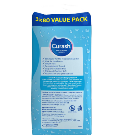 Curash | Simply Water Baby Wipes (3 x 80) Value Pack - 240 wipes