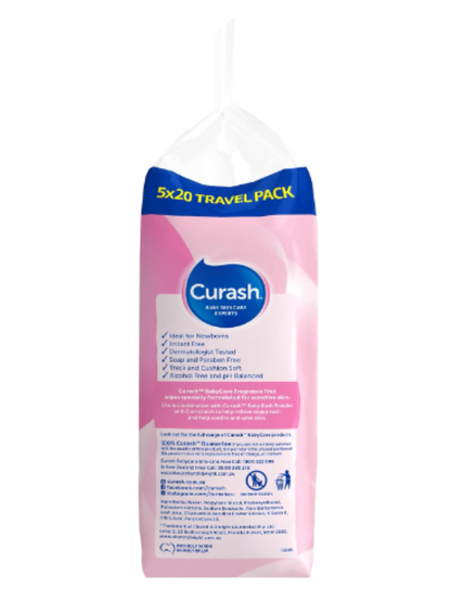 Curash | Fragrance Free Baby Wipes (5 x 20) Value Pack - 100 wipes