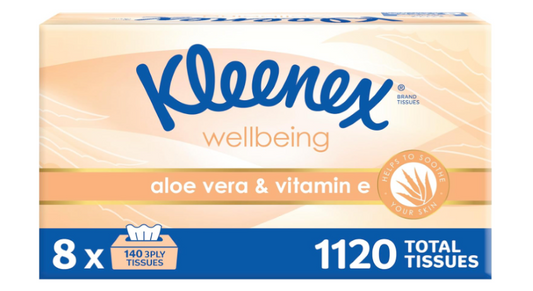 Kleenex | Aloe Vera & Vitamin E 3 Ply Facial Tissues 1120 Count (8 x 140 Pack) - Packaging May Vary