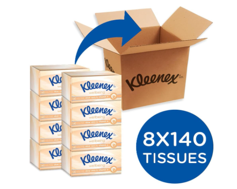 Kleenex | Aloe Vera & Vitamin E 3 Ply Facial Tissues 1120 Count (8 x 140 Pack) - Packaging May Vary