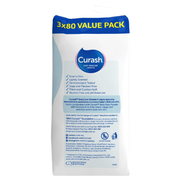 Curash | Vitamin E Moisturising Baby Wipes (3 x 80) Value Pack - 240 wipes