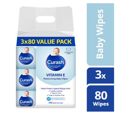 Curash | Vitamin E Moisturising Baby Wipes (3 x 80) Value Pack - 240 wipes