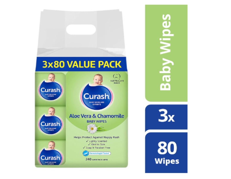 Curash | Aloe Vera & Chamomile Baby Wipes (3 x 80) Value Pack, 240 wipes