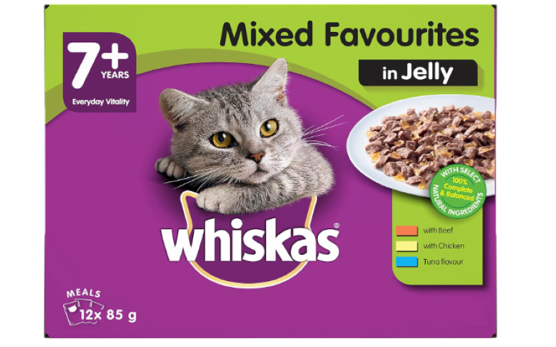 WHISKAS | 7+ Years Cat Food with Mixed Favourites in Jelly 12 x 85g, 5 Pack (60 Pouches)