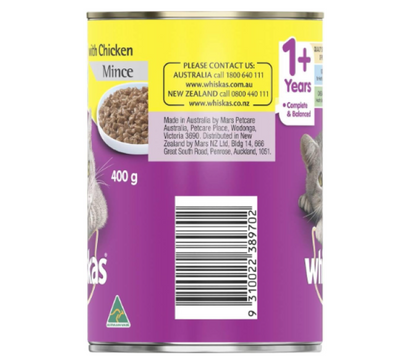 3 X WHISKAS | WET CHICKEN MINCE - 400G 24PK(173738) (OM24)