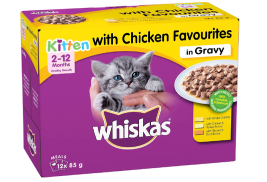 WHISKAS | Kitten 2-12 Months Chicken Favourites in Gravy 12 x 85g - 5 Pack (60 Pouches)