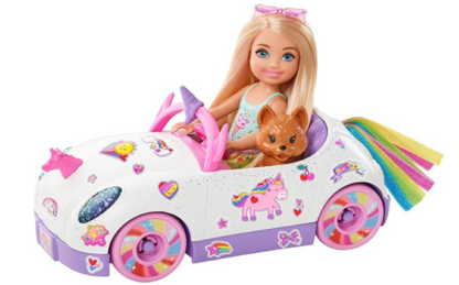 Barbie Club Chelsea Doll (6-Inch Blonde) with Open-Top Rainbow Unicorn-Themed Car, Pet Puppy