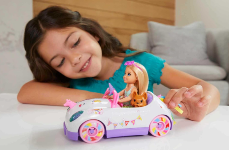 Barbie Club Chelsea Doll (6-Inch Blonde) with Open-Top Rainbow Unicorn-Themed Car, Pet Puppy