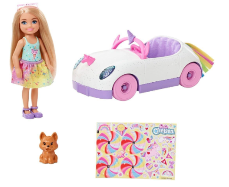 Barbie Club Chelsea Doll (6-Inch Blonde) with Open-Top Rainbow Unicorn-Themed Car, Pet Puppy