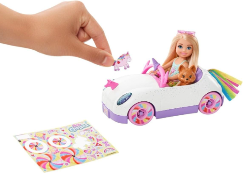 Barbie Club Chelsea Doll (6-Inch Blonde) with Open-Top Rainbow Unicorn-Themed Car, Pet Puppy