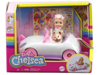 Barbie Club Chelsea Doll (6-Inch Blonde) with Open-Top Rainbow Unicorn-Themed Car, Pet Puppy