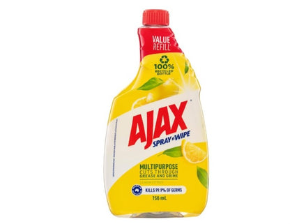 Ajax Spray n' Wipe Multi-Purpose Cleaner Refill, Value Pack 750mL, Lemon Citrus, Antibacterial Disinfectant