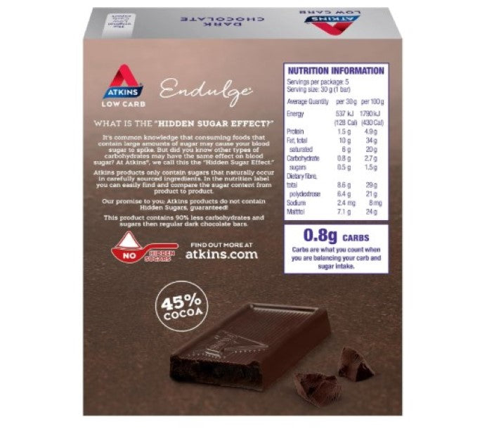 Atkins Low Carb Endulge Dark Chocolate Bars 5 Pack