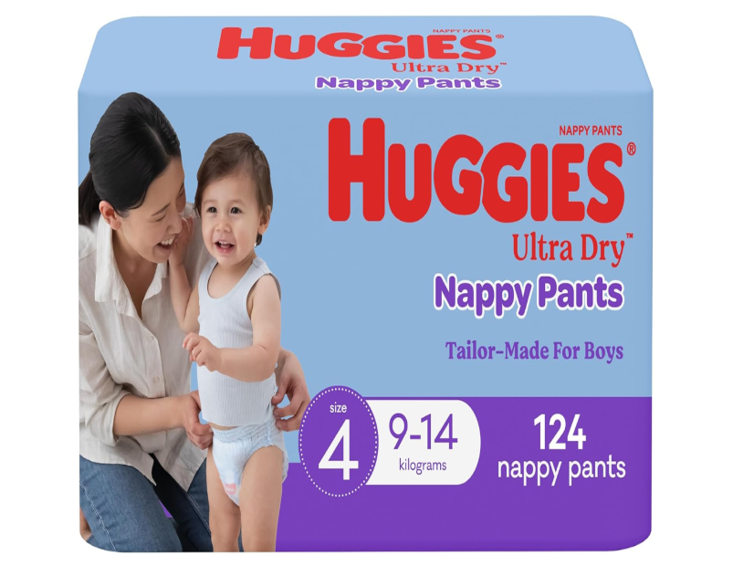 Huggies Ultra Dry Nappy Pants Boy Size 4 (9-14kg) 124 Count