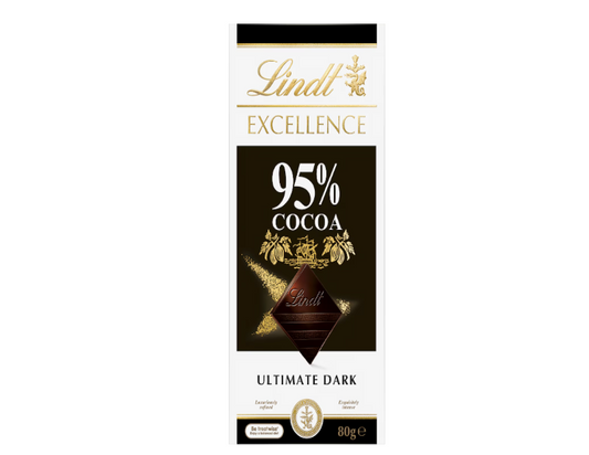 Lindt Excellence 95% Cocoa Dark Chocolate Block 80g - 2 Pack