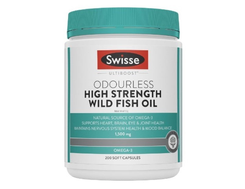 Swisse Ultiboost High Strength Odourless Wild Fish Oil - For Heart, Brain, Eye & Joint Health Support - 200 Capsule