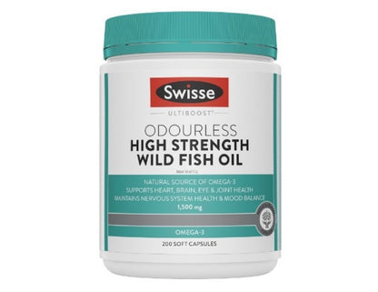 Swisse Ultiboost High Strength Odourless Wild Fish Oil - For Heart, Brain, Eye & Joint Health Support - 200 Capsule