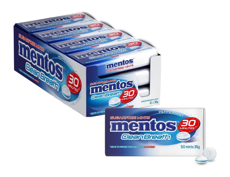 Mentos Clean Breath Mints, Peppermint, 12 Tins, 12 x 35 g, Peppermint