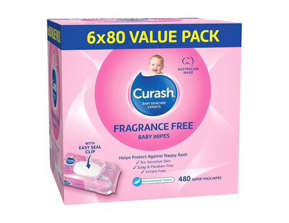 Curash | Fragrance Free Baby Wipes (6 x 80) Value Pack - 480 wipes