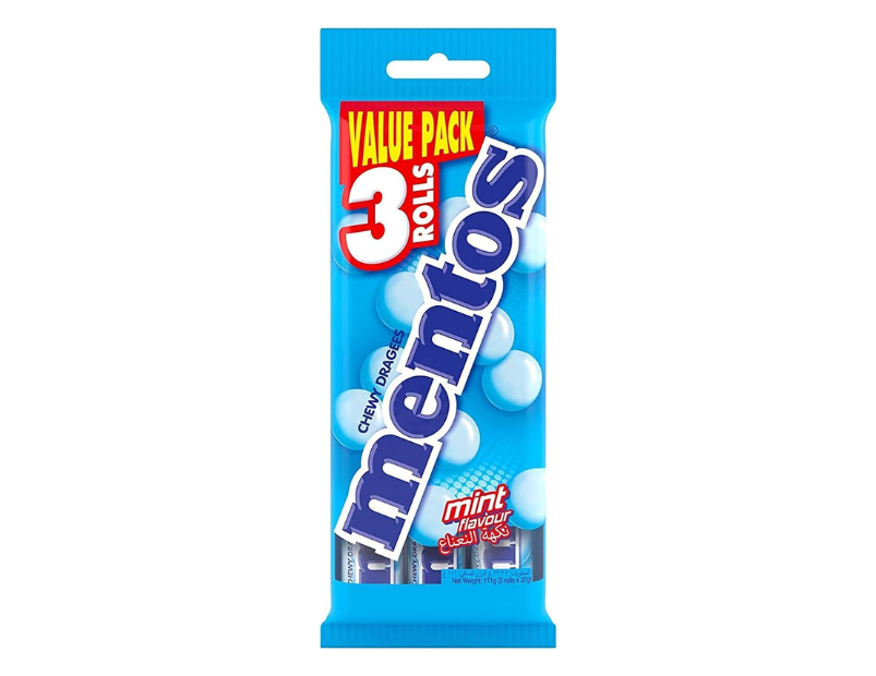 MENTOS Mint Candy Roll 3 Pack, Minty Freshness and Enjoyable Chew, 112.5g