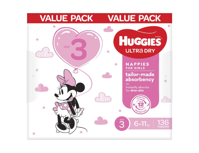 Huggies Ultra Dry Nappies Girls Size 3 (6 - 11kg) 136 Pack