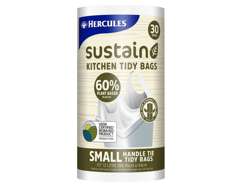 Hercules Small 12L Sustain Plant Based Handle Tie Kitchen Tidy Bags 30 piece