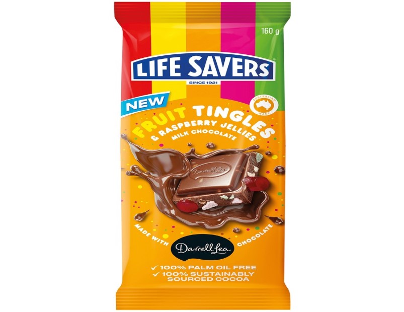 Darrell Lea Life Savers Fruit Tingles & Raspberry Jellies Milk Chocolate Block 160g - 2 Pack