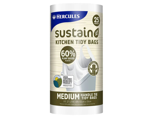 Hercules Medium 27L Sustain Plant Based Handle Tie Kitchen Tidy Bags 25 piece